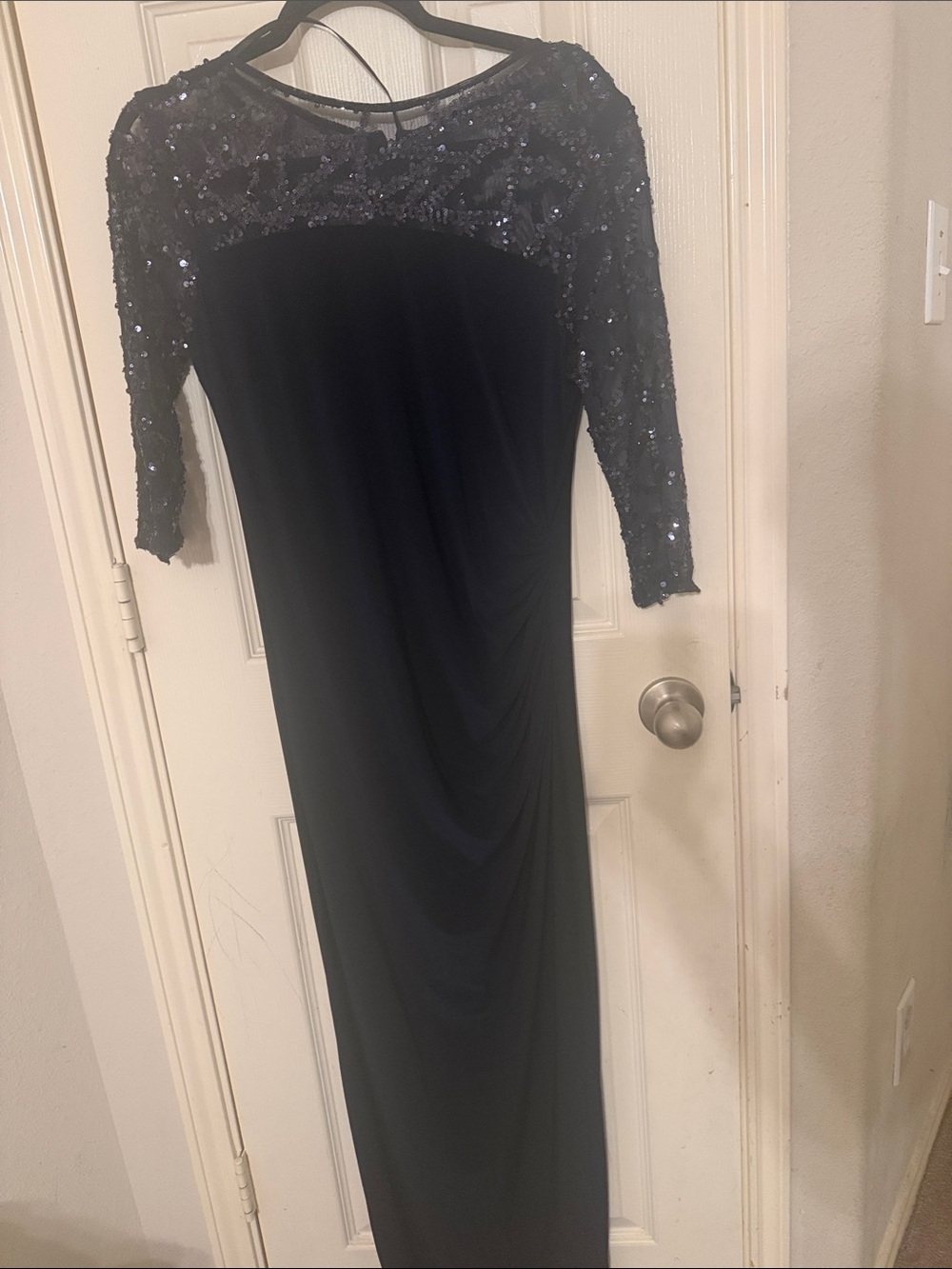 Black Sequin-Embellished Maxi Dress with Three-Quarter Sleeves